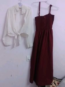 Burgundy Midi Dress with White Tie Top