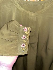 Dubai Crepe Olive suit with Floral Embroidery