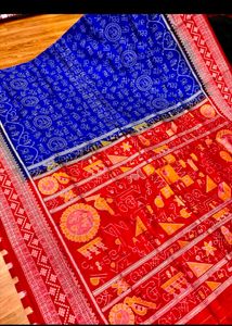 Vibrant Blue & Red Saree with Unique Print