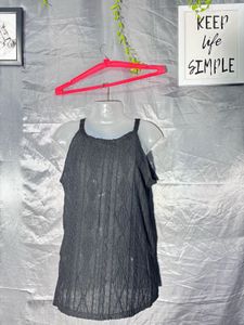 Chic Black Textured Cold Shoulder Top