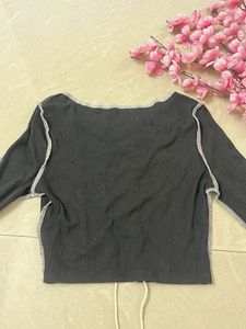 Black Lace-Up Ribbed Long Sleeve Top