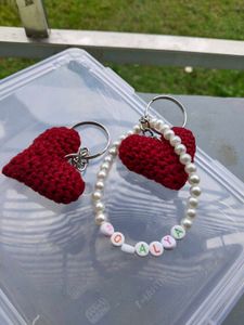 Personalized Crochet Heart Keychain with Pearl Wri