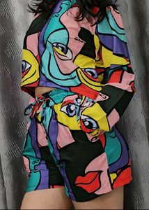combo pack Abstract Print Crop Top &amp; Shorts Set