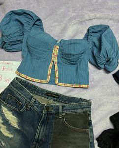 Blue Puff Sleeve Corset Top &amp; Distressed Denim Sho