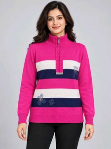 Chic Pink Striped Zip-Neck Sweater