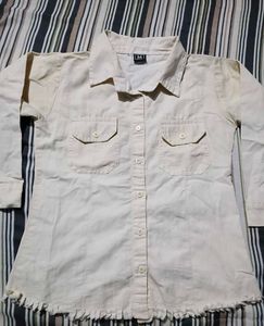 Cream Button-Up Shirt with Ruffle Hem