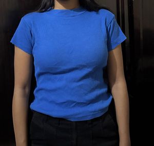 Vibrant Blue Ribbed Mock Neck Top