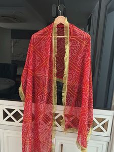 Red Bandhani Dupatta with Gold Border