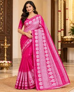 Assam Saree Vibrant Pink with White Mot