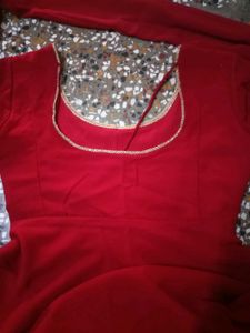 Red Anarkali Gown with Embellished Neckline