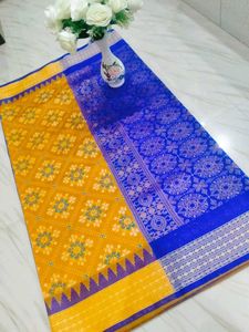 Vibrant Yellow &amp; Blue Sambalpuri Papa Silk Full pr