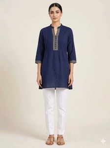 Navy Blue Kurta with Embellished Neckline