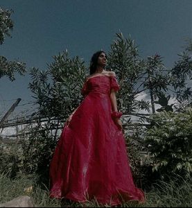 Red Off-Shoulder Gown with pocket