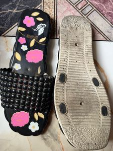 Black Floral Beaded Slides