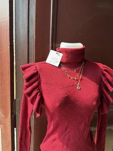 Chic Red Turtleneck Ruffle Sleeve Top