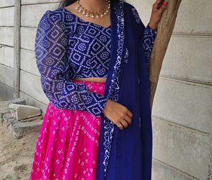 Vibrant Pink &amp; Blue Bandhani Lehenga Choli Set