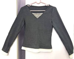 Chic Dark Gray Ribbed Long Sleeve Top
