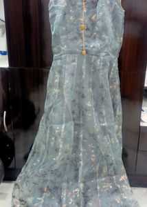Grey gown with net shrug and dupatta