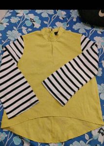 Chic Yellow Top with Striped Sleeves