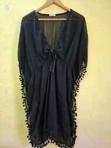 Sheer Black Cover-up kaftan with Pom-Poms