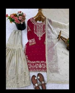 Embroidered Red Kurta Set with Grey Palazzo