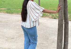 striped peplum top with flutt..