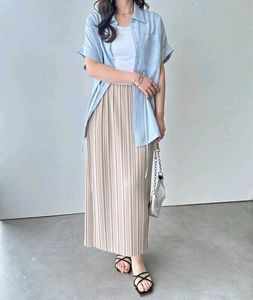 beige pleated maxi skirt with elastic waiste bandh