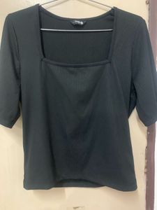 Black Ribbed Square Neck Top