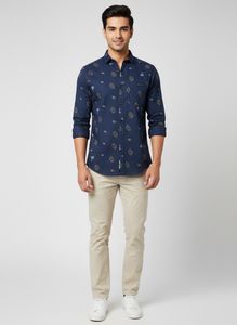 Slimfit Blue Leaf Print Casual Shirt