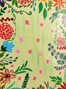 Hand-Painted Floral Artwork on Wooden Slab