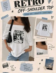 White Retro Off-Shoulder Graphic Top 🤍