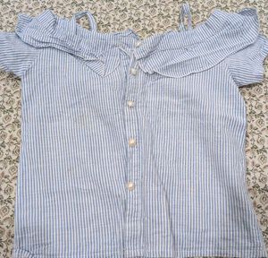Cute Blue Striped Off-Shoulder Top