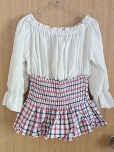 Off-Shoulder Plaid Smocked Top