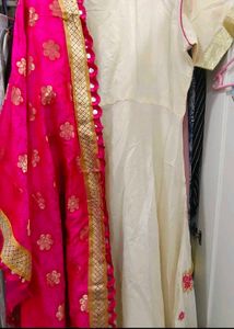 White &amp; Pink Embroidered anarkali