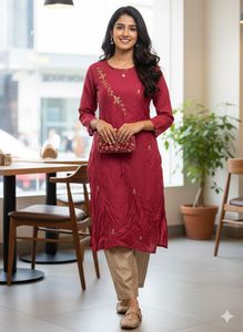 3 piece Maroon Embroidered Kurta