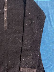 Elegantzed Black raw silk Sequined Kurta with whi