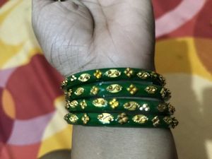 Set of 4 Green Bangles with Gold Embellishments