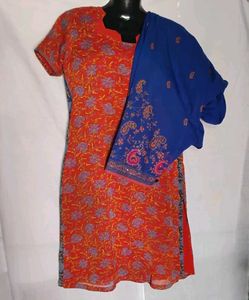 Floral Print Orange Kurta and Blue pant