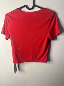 Red Ribbed V-Neck Cropped Top