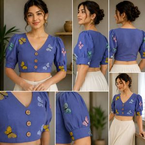 COMBO Blue Butterfly Embroidered Crop Blouse
