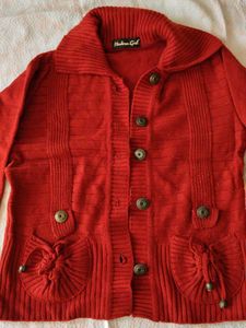 Red Button-Up Cardigan with Bow Pockets
