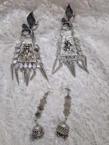 Oxidized Silver Earrings with Mirror Work