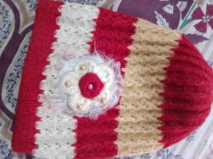 Knitted Red & Beige Beanie Hat with Flower