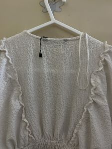 White Smocked V-Neck Cropped Top