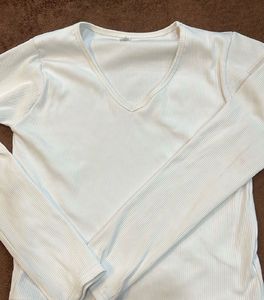 White Ribbed Long Sleeve Top