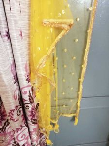 Yellow Net Dupatta with Sequins &amp; Tassels