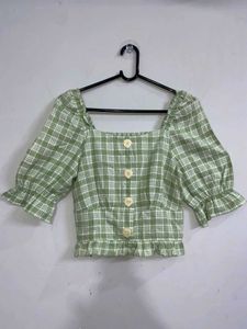 Cute Green Plaid Square Neck Top