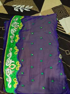Embroidered yellow and violet Saree with Green Bor