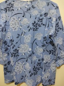 Karen Scott Blue Top With Black White Floral Print
