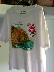 Shein White Cinqueterre Italy Graphic T-Shirt